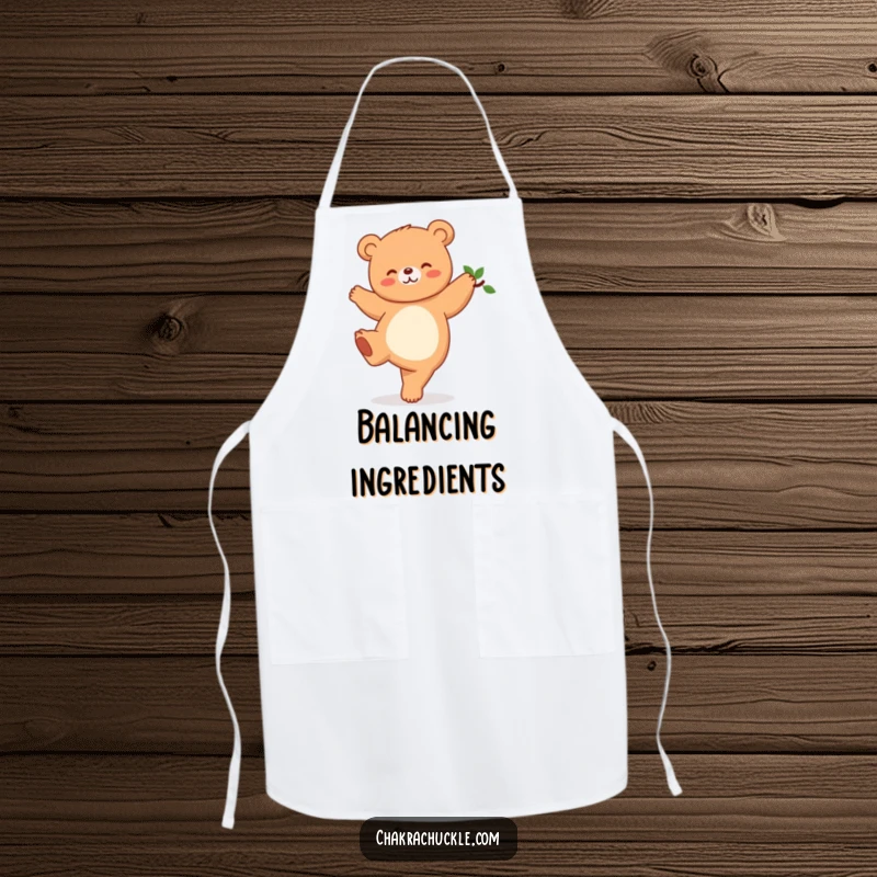 Funny Kawaii Bear Yoga Apron, a cute giggling bear in a tree pose, perfect for kitchen fun and as a humorous gift.