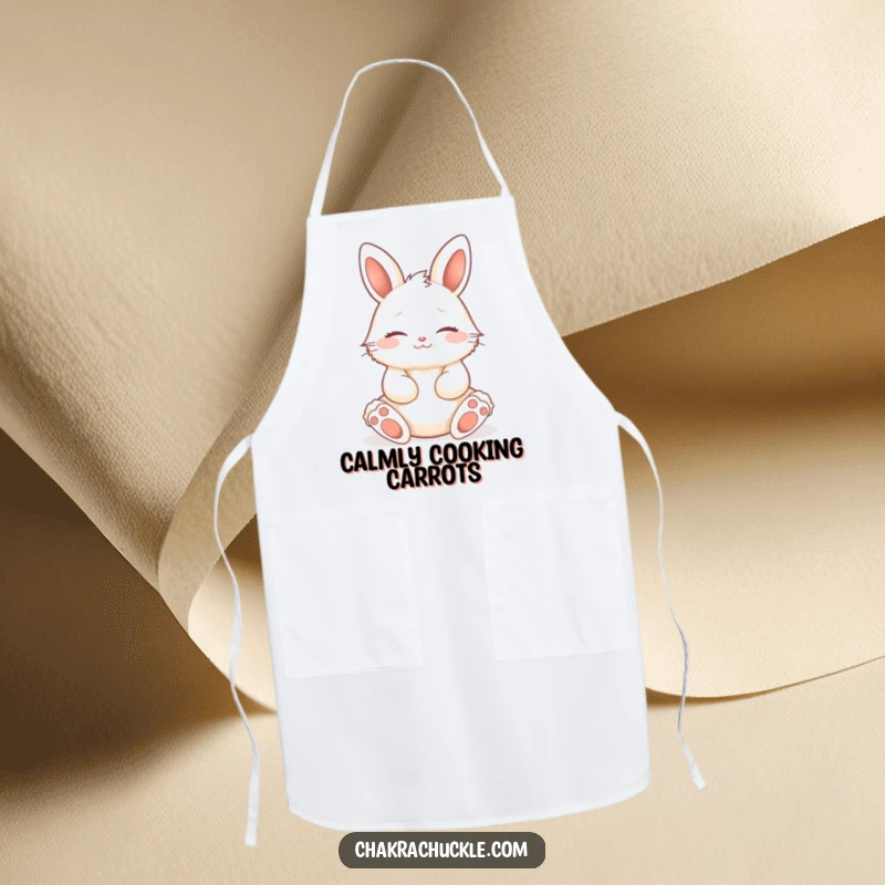 Funny fluffy bunny in a seated lotus pose, eyes closed, smiling peacefully, a calm and humorous apron for chefs.