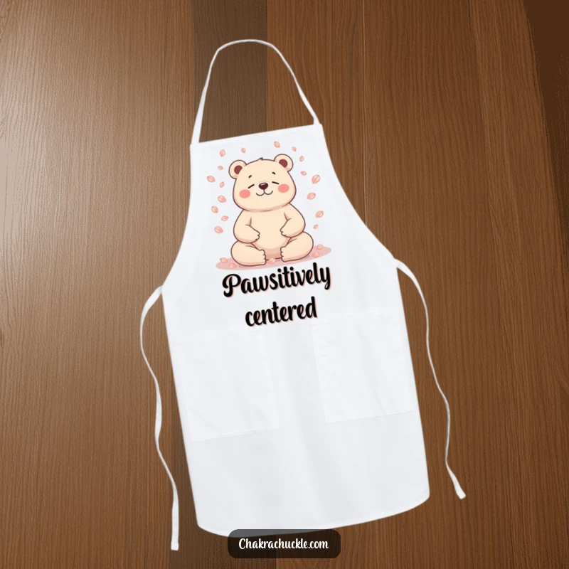 Funny bear apron, character meditating, petals falling, culinary humor, kitchen accessory.
