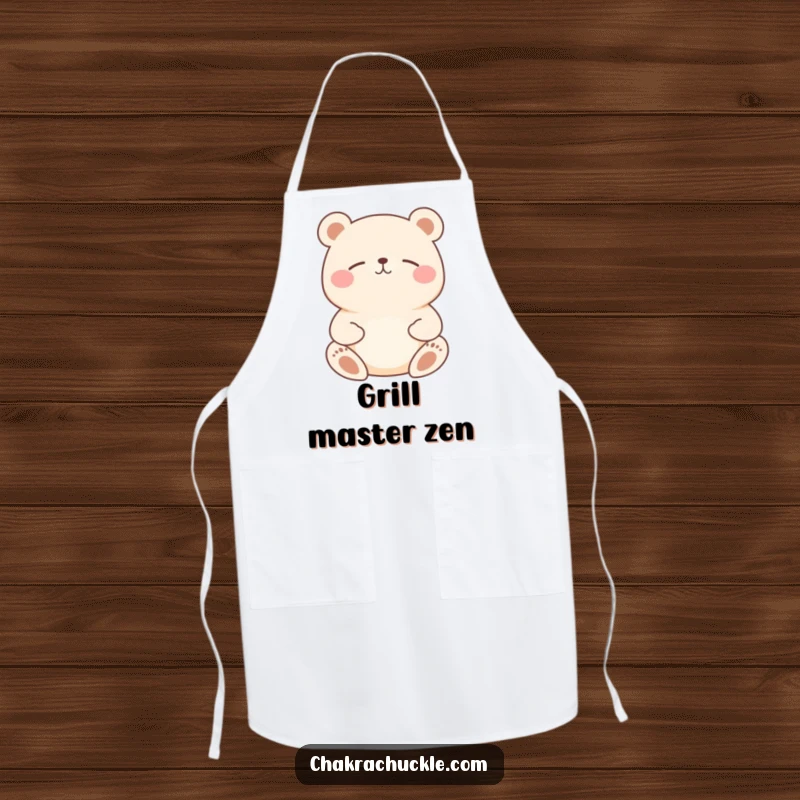 Funny Bear Meditation Apron: Happy, round bear meditating, a humorous and practical kitchen accessory.