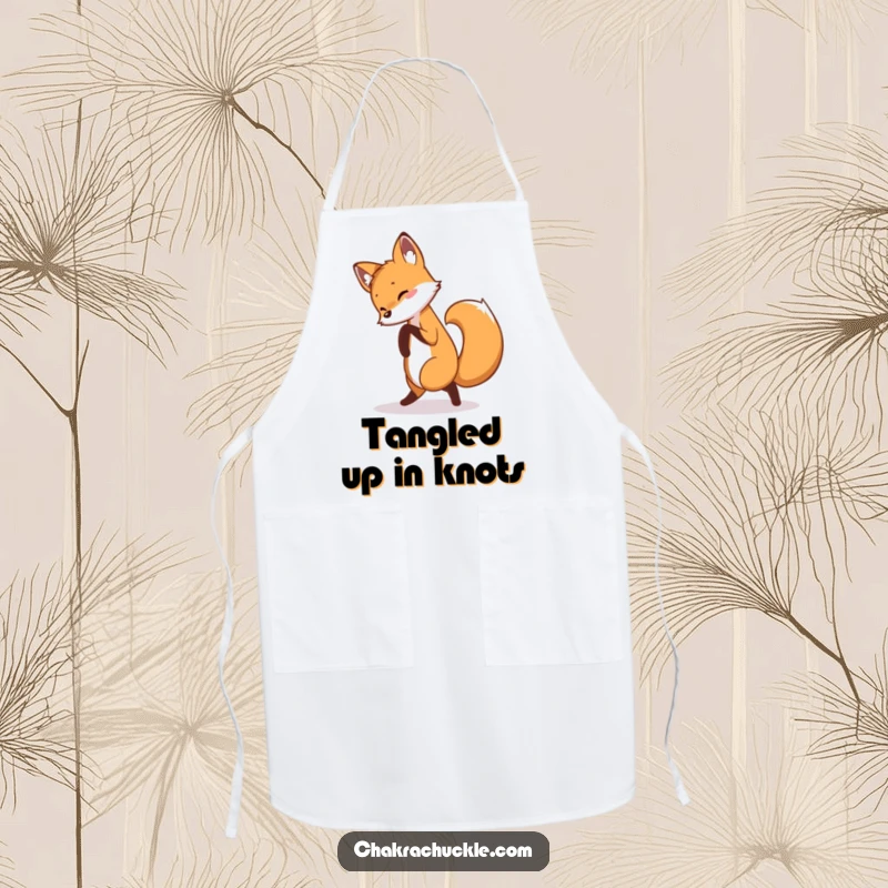 Funny fox apron showcasing a curious fox humorously attempting a pretzel yoga pose while cooking, perfect for kitchen fun.