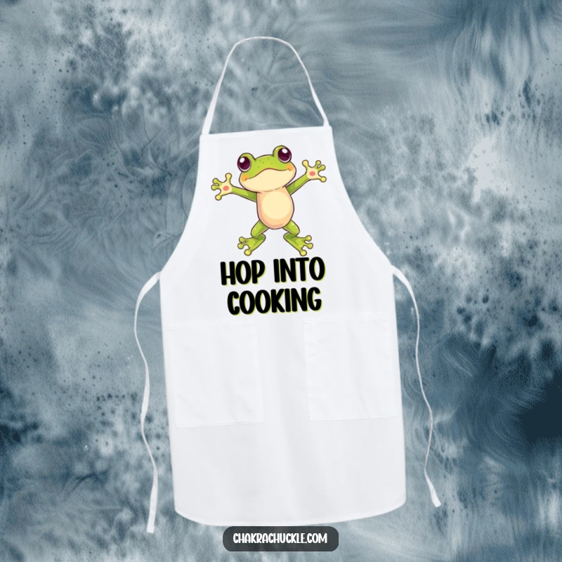 Funny apron with a frog leaping dynamically, arms outstretched, embodying culinary enthusiasm and a humorous spirit.