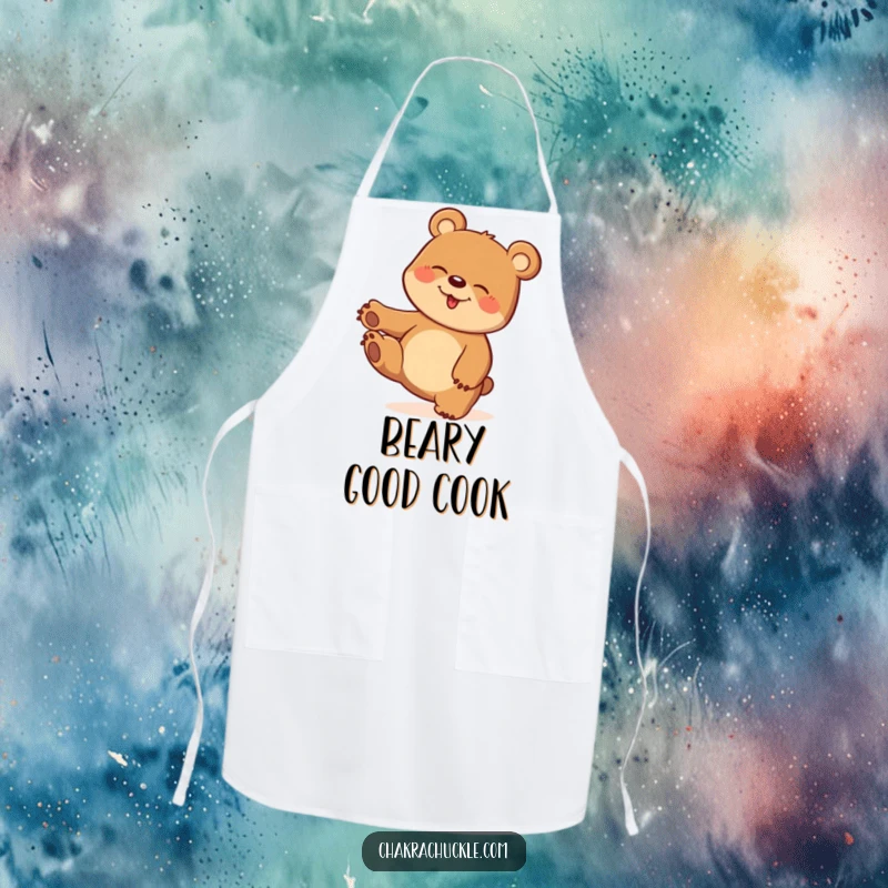 Funny apron showing a bear giggling uncontrollably while balancing on one paw in a funny kitchen twist.