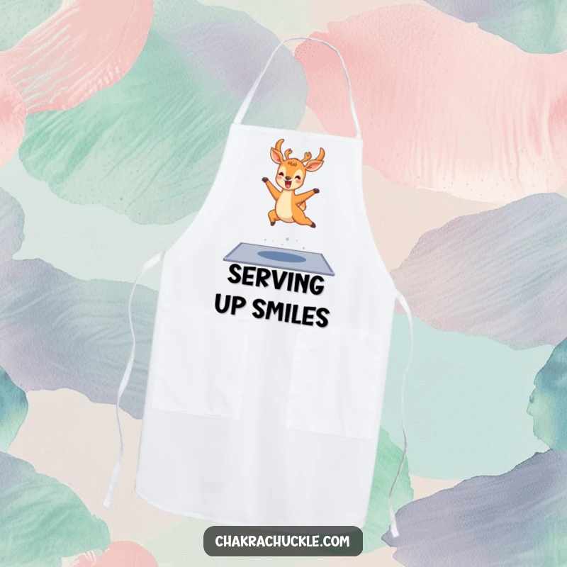 Funny kawaii deer yoga apron, a delighted deer leaping over a yoga mat with joyful abandon, ideal for happy cooking.