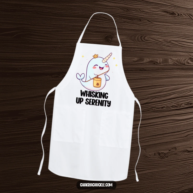 Funny narwhal apron joyfully blowing a meditation chime, making kitchen tasks peaceful and humorous.