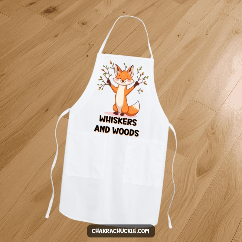 Funny smiling fox apron, doing a graceful tree pose, branches reaching, adding playful nature charm.
