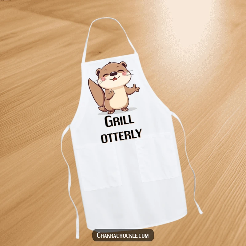 Funny Otter Meditation Apron: Cheerful otter lunging forward in an energetic meditation pose, a humorous accessory.