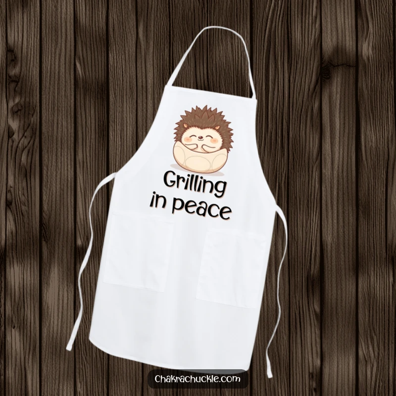 Funny Hedgehog Apron showing a hedgehog rolled into a zen ball, ideal for kitchen activities.