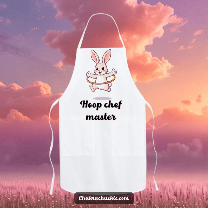 Funny apron showcasing a bouncy bunny in a warrior pose, energetically jumping through a hula hoop, ready for culinary adventures.