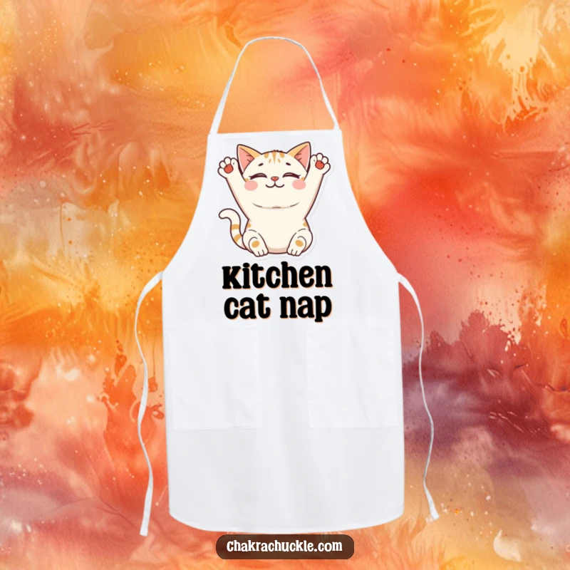 Funny Cat Yoga Apron: A smiling cat stretches its front paws upwards peacefully, ready to assist with culinary tasks.