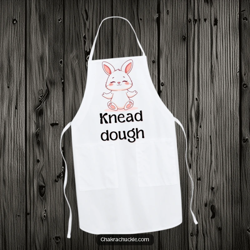 Funny apron featuring a serene yoga bunny in a relaxed pose, ideal for peaceful cooking and baking.