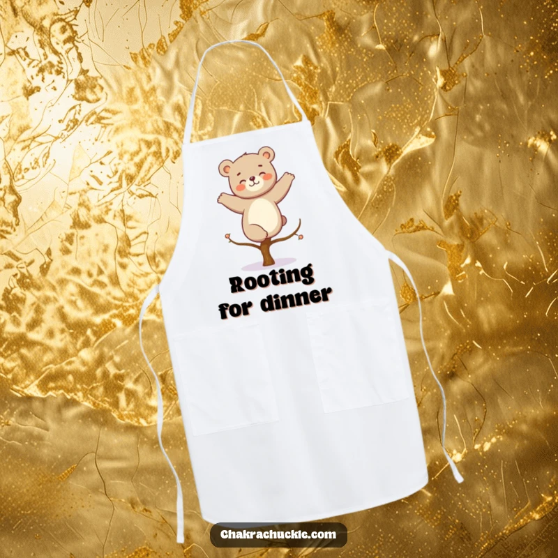 Funny kawaii bear yoga apron, a giggling bear balancing in a tree pose, perfect for kitchen fun and mindful cooking.