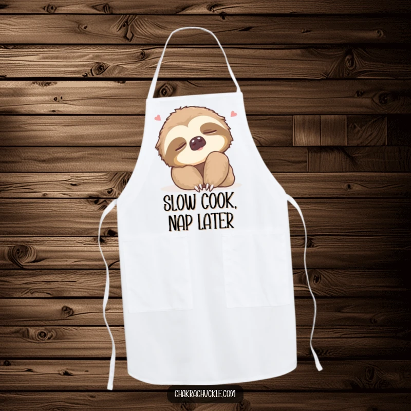Funny Apron featuring a sleepy sloth gently rolling its neck with a contented sigh, bringing humorous calm to the kitchen.