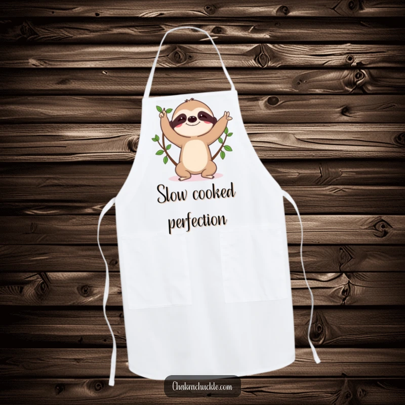 Funny sloth apron, character in tree pose, determined concentration, culinary humor, kitchen accessory.