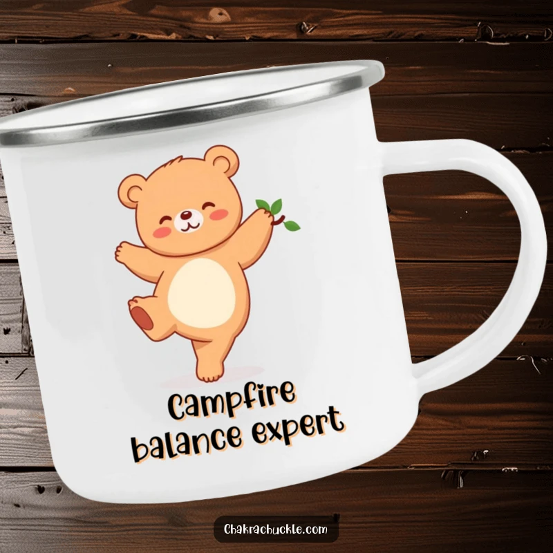 Funny Kawaii Bear Yoga Camping Mug, a cute giggling bear in a tree pose, perfect for outdoor use and as a humorous gift.