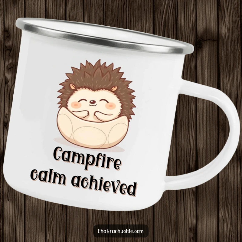 Funny Hedgehog Camping Mug with a hedgehog rolled into a zen ball, perfect for outdoor enthusiasts.
