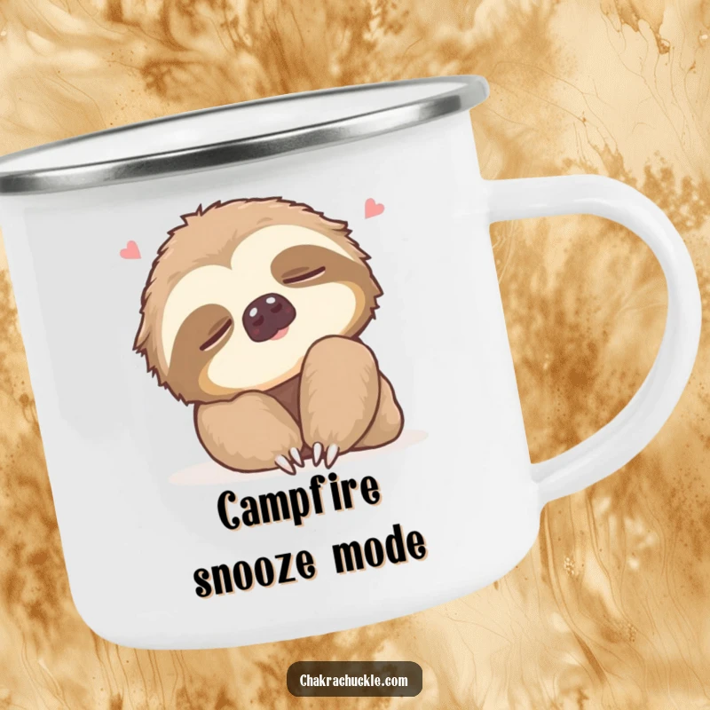 Funny Camping Mug with a sleepy sloth gently rolling its neck with a contented sigh, ready for relaxed outdoor humor.