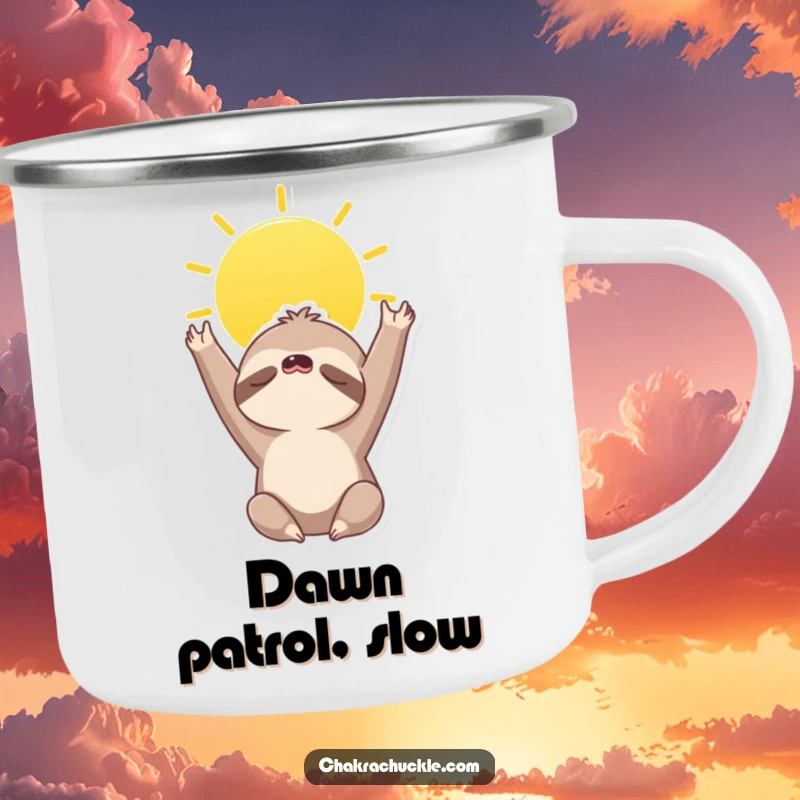 Funny camping mug featuring a sleepy sloth character in a sun salutation, reaching for the sky, perfect for peaceful outdoor enjoyment.