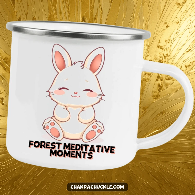 Funny fluffy bunny in a seated lotus pose, eyes closed, gentle smile, a durable enamel camping mug.