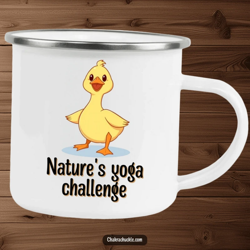 Funny duck camping mug with a wobbly duck humorously trying a lotus yoga pose, designed for outdoor amusement.