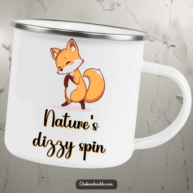 Funny fox camping mug with a curious fox playfully in a pretzel yoga pose, designed for rugged fun and laughter.