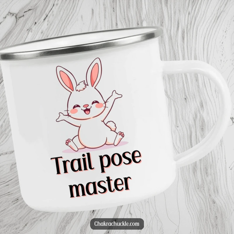 Funny Kawaii Bunny Yoga Camping Mug, a cute bunny in a downward dog pose, perfect for outdoor use and as a humorous gift.