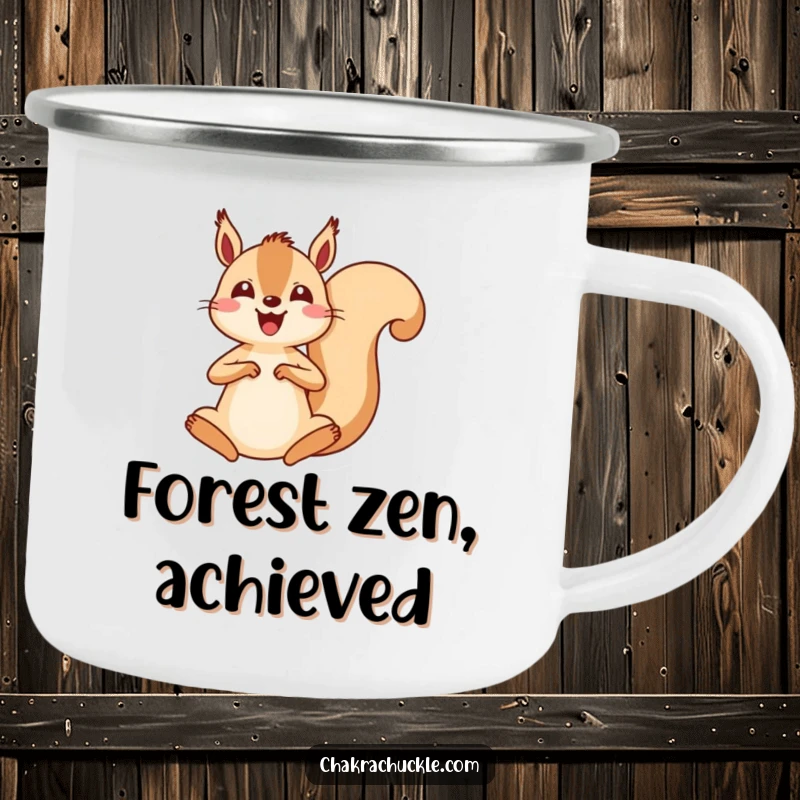Funny kawaii squirrel yoga camping mug, an energetic squirrel jumping into a seated meditation pose, great for outdoor peace.