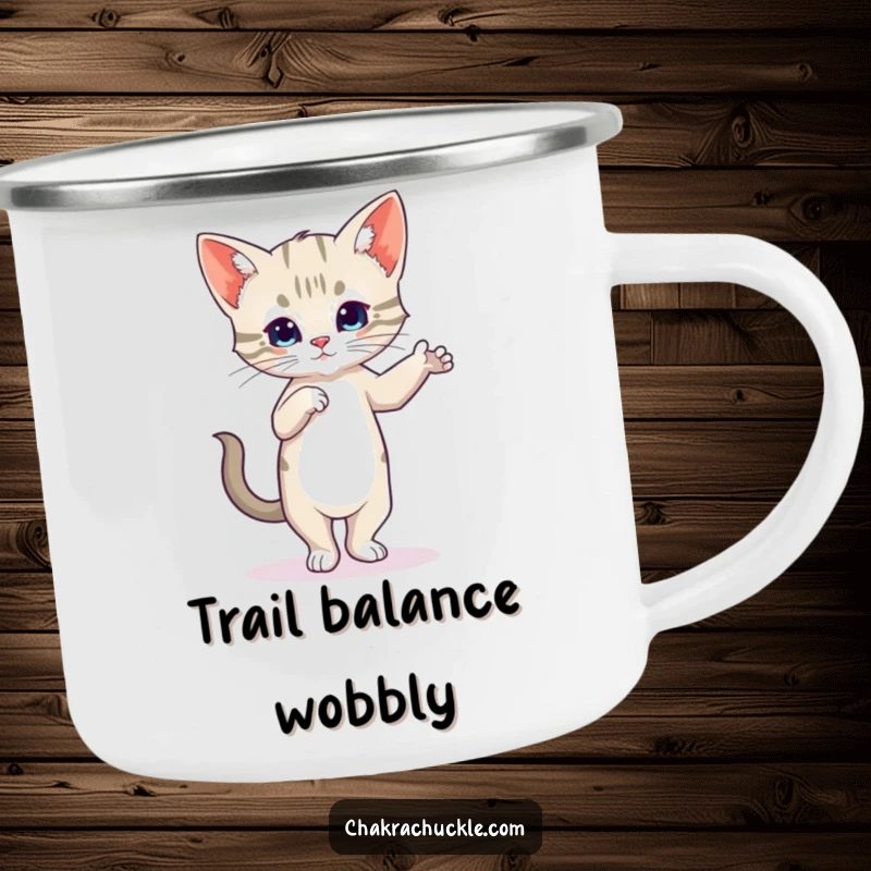 Funny Kitten Yoga Camping Mug with a wobbly cat in Tree Pose, perfect for outdoor enthusiasts.
