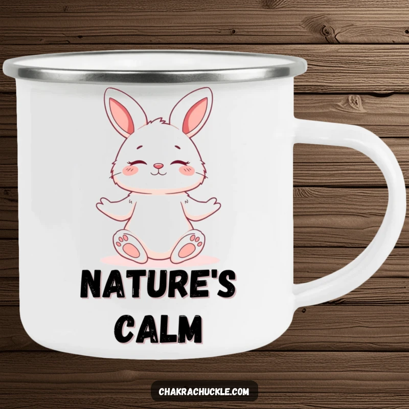 Funny enamel camping mug with a serene yoga bunny in a relaxed pose, durable for peaceful outdoor use.