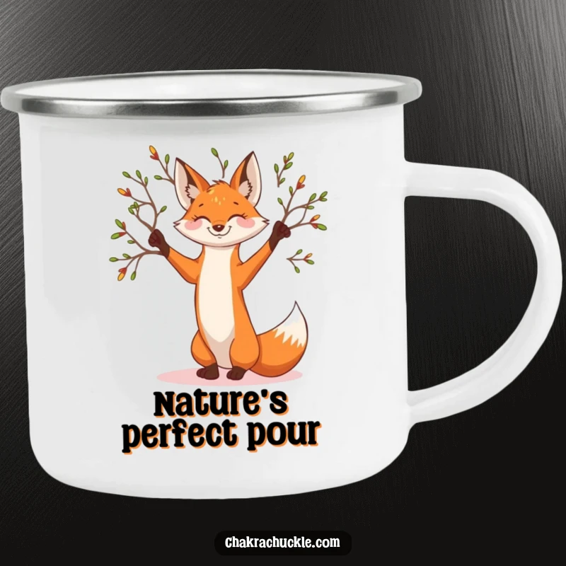 Funny smiling fox camping mug, graceful tree pose active, branches reaching, ready for outdoor serenity.