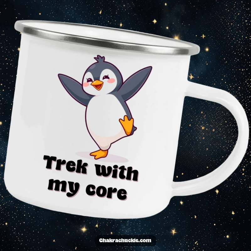 Funny kawaii penguin camping mug with a cute, bouncing penguin energetically striking a yoga balance pose, ready for adventure.