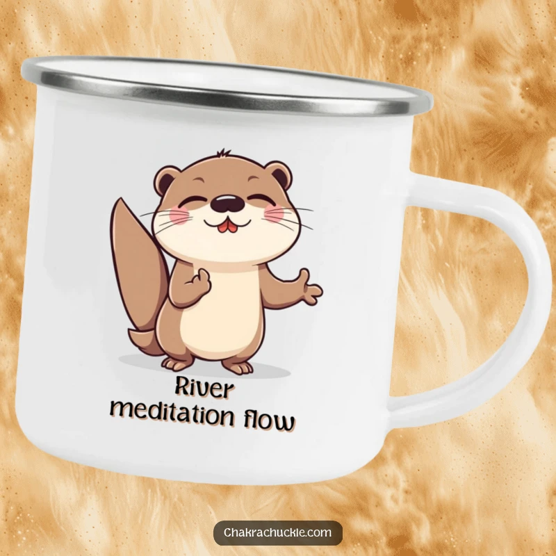 Funny Otter Meditation Camping Mug: Cheerful otter lunging forward in an energetic meditation pose, a humorous mug.
