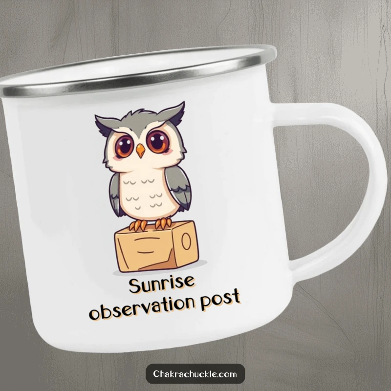 Funny Owl Yoga Camping Mug: A curious owl perches inquisitively on a yoga block, perfect for wise outdoor moments.