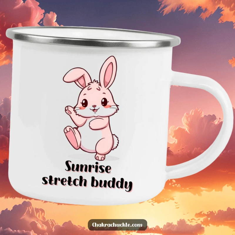 Funny pink bunny camping mug, pretzel pose active, one leg high, ready for outdoor fun.