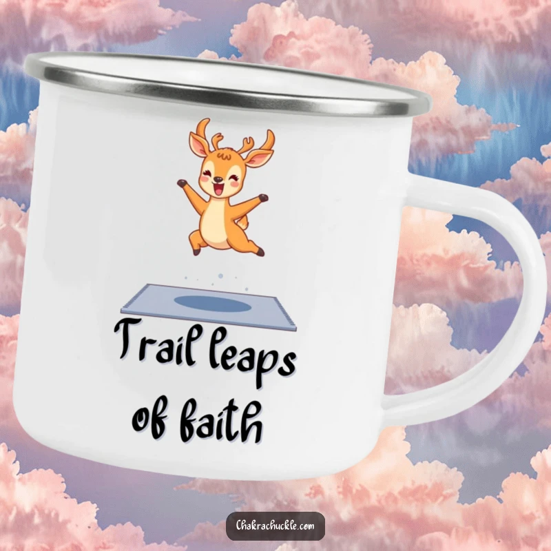 Funny kawaii deer yoga camping mug, a delighted deer leaping over a yoga mat with joyful abandon, great for outdoor cheer.