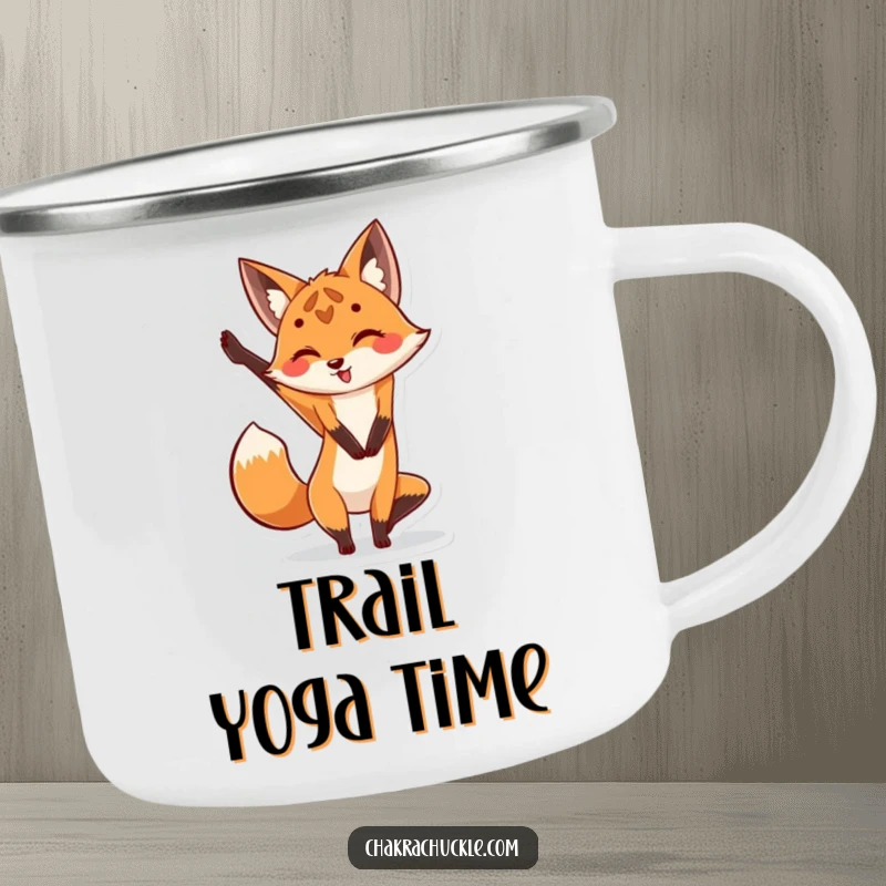 Funny Fox Yoga Camping Mug: Cute fox in a leg stretch yoga pose, perfect for outdoor adventures.