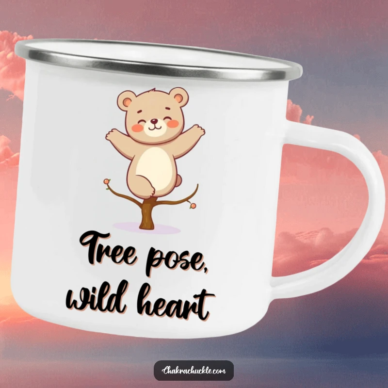 Funny kawaii bear yoga camping mug, featuring a giggling bear in a tree pose, ideal for outdoor enjoyment and humor.
