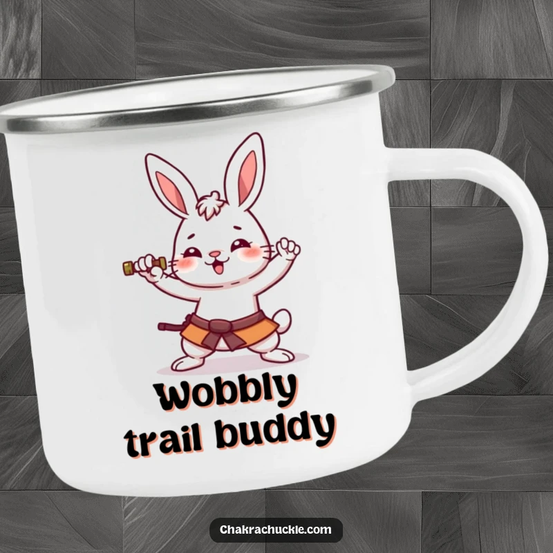 Funny kawaii rabbit camping mug with an amused bunny striking a wobbly warrior pose, ready for outdoor fun.