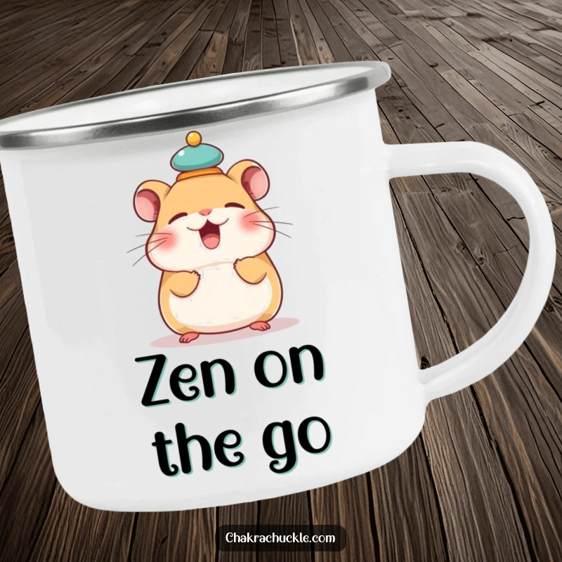 Funny enamel camping mug with a giggling hamster balancing a tiny meditation cushion on its head, perfect for humorous outdoor stability.