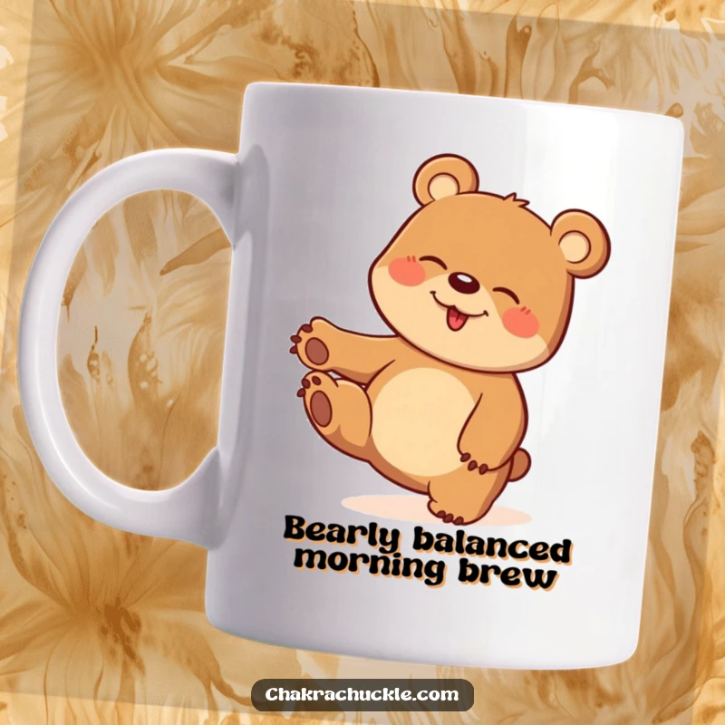 Funny mug with a giggling bear balancing playfully on one paw, showcasing pure joy and a whimsical twist.