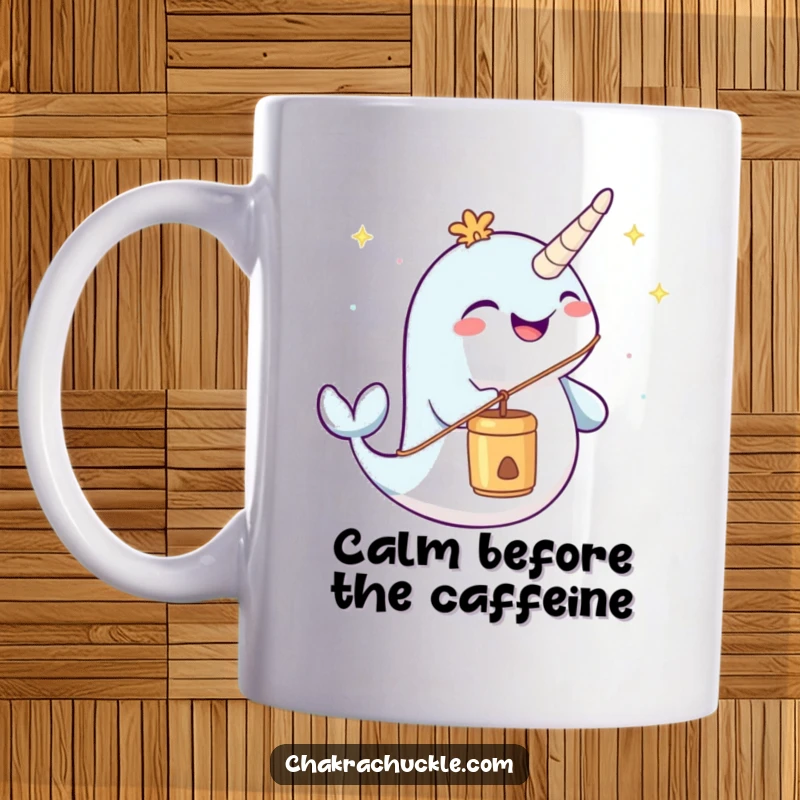 Funny cheerful narwhal mug joyfully blowing a meditation chime, embodying peacefulness and lighthearted humor.