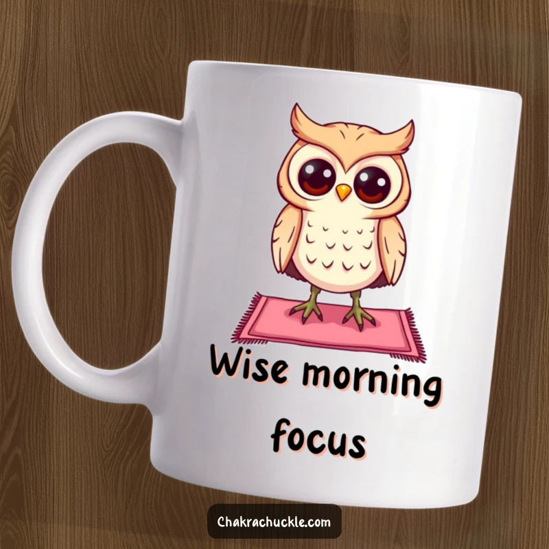 Funny curious owl mug character balancing on a tiny yoga mat, eyes wide open, in a moment of focused humor.