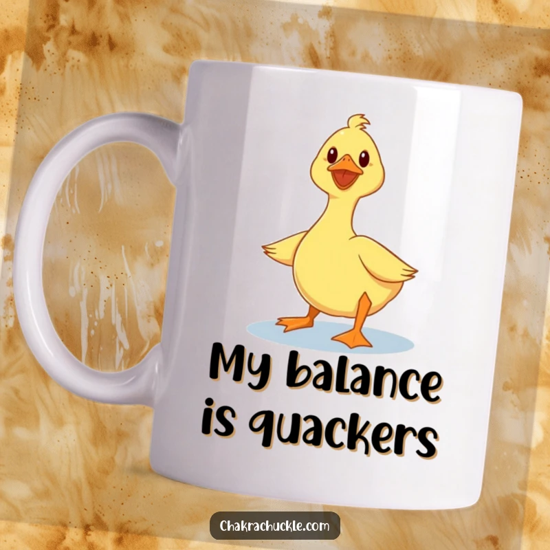Funny duck yoga mug showing a wobbly duck struggling yet smiling in a lotus pose with shaky legs, conveying humor.