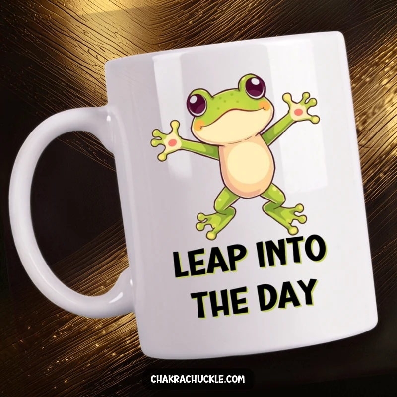 Funny mug featuring a dynamic frog mid-leap, arms wide open in a welcoming and balanced pose, ready for adventure.