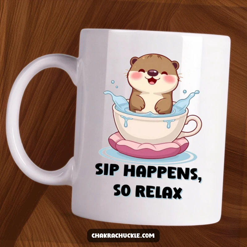 Funny mug featuring a happy otter splashing playfully inside a teacup shaped like a meditation cushion, full of joy.