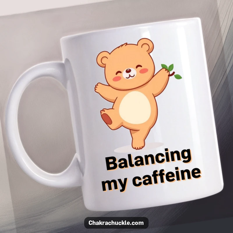 Funny Kawaii Bear Yoga Mug showing a giggling bear balancing in a tree pose, ideal for a yoga enthusiast or bear lover gift.