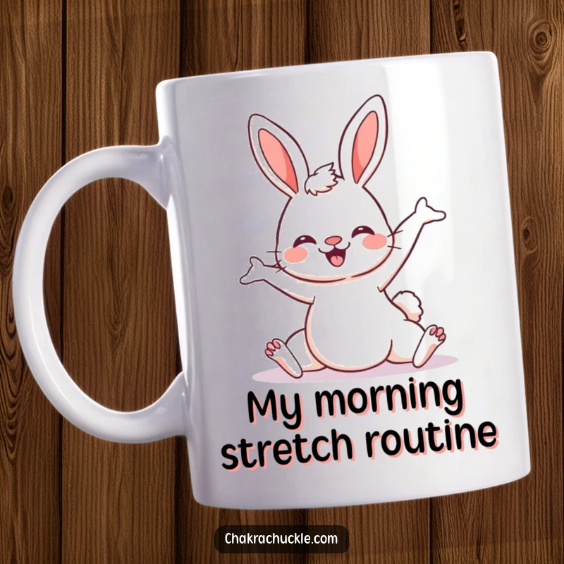 Funny Kawaii Bunny Yoga Mug showing a happy bunny stretching in a downward dog pose, perfect for a yoga enthusiast gift.