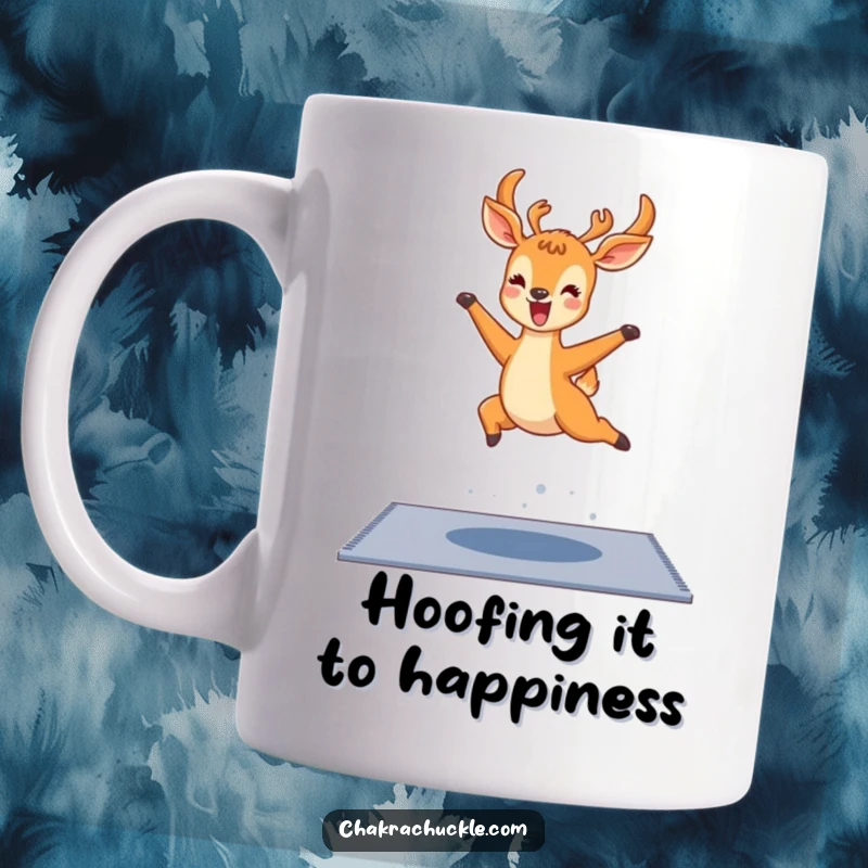 Funny kawaii deer mug, joyfully leaping over a yoga mat with abandon, symbolizing carefree movement and happiness.