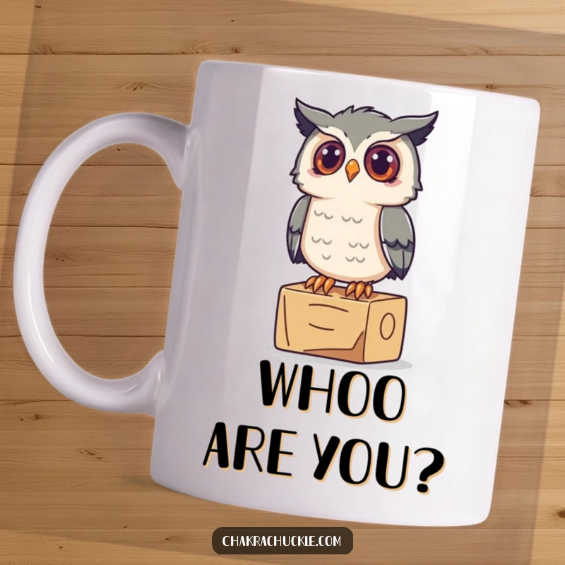Funny Owl Yoga Mug: A curious owl perches on a yoga block, looking up inquisitively with wide, intelligent eyes.