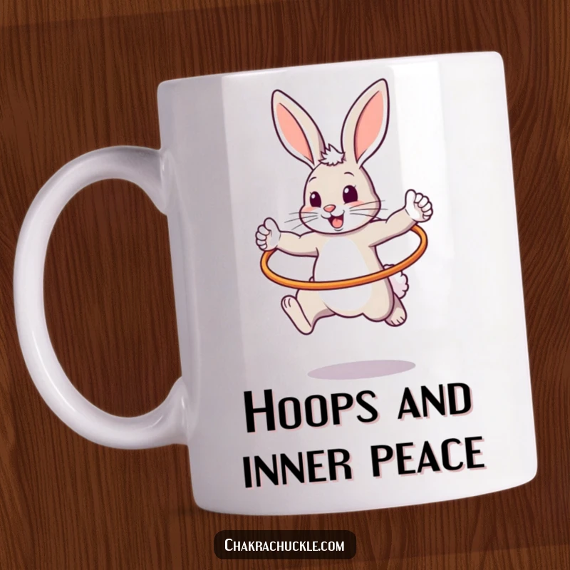 Funny mug featuring a bouncy bunny in a fierce warrior pose mid-hula hoop jump, radiating playful energy and focus.